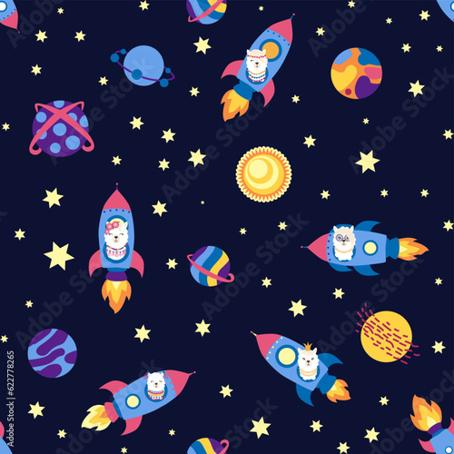 Seamless pattern with lama in a rocket, in space. Lama travels, adventures among the stars. Cute pattern with alpaca