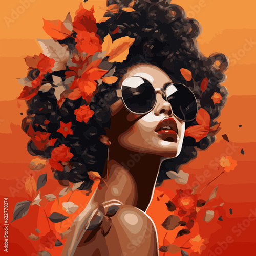 beautiful black wearing sun glasses woman fall vibes poster type style