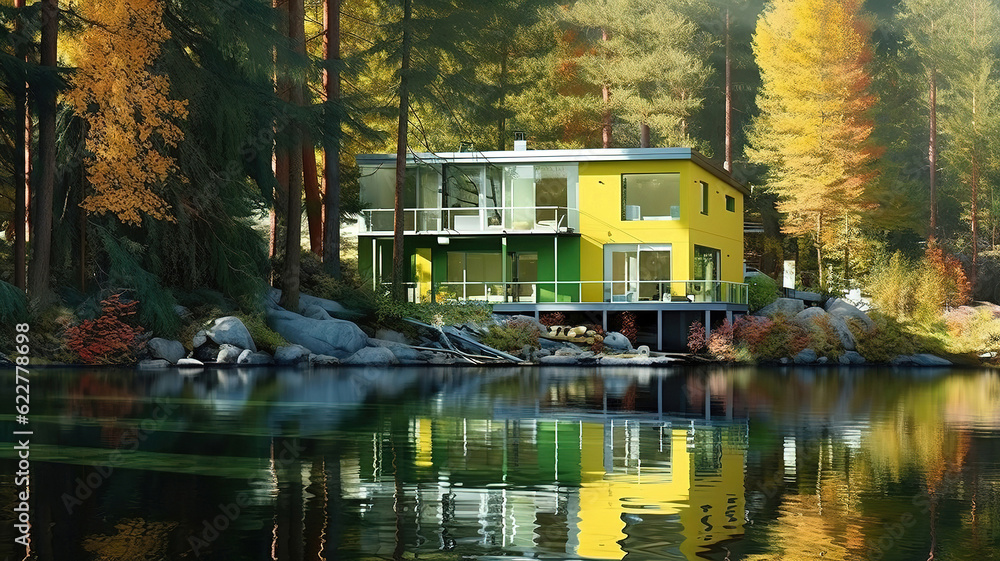 Modernes Haus am See im Wald, Bright color. Generative ai