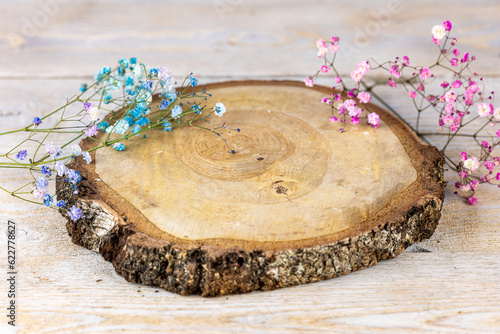 Rustic Elegance: Wooden Pine Table with Birch Board and Baby's Breath Flowers