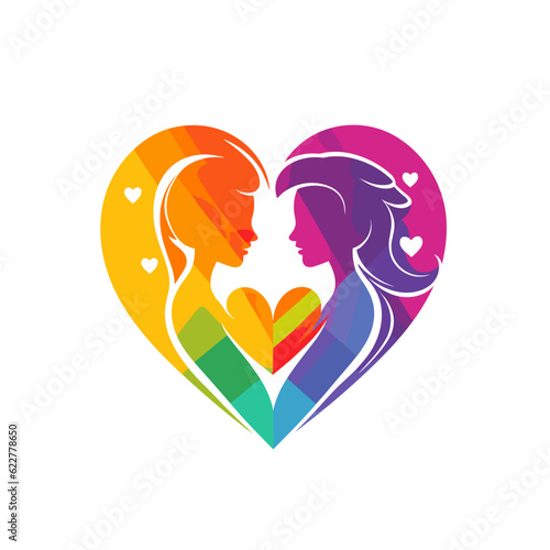 lesbian couple with hearts in the shape of a heart with rainbow colors