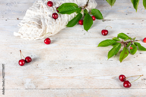 Farm Fresh Delights: White Wood Panel with Cherries and Cherry Flowers