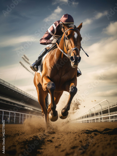 A racehorse runs at racecourse Fototapet