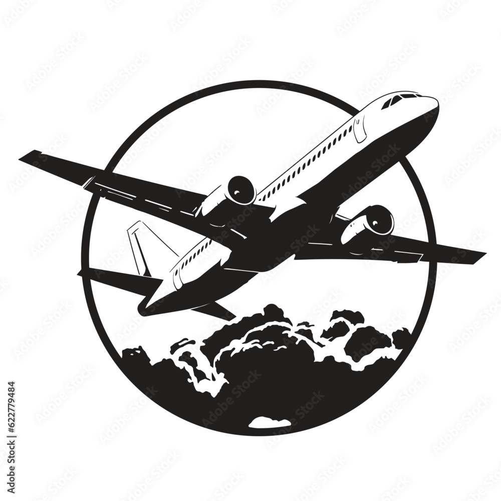 The plane flies in the sky among the clouds. Vector logo in a round shape. The plane flies in the sky among the clouds. Vector logo in a round shape.