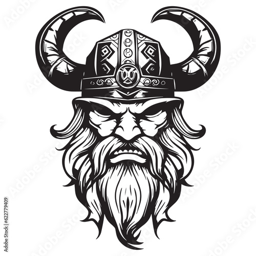 Head of a bearded viking with a formidable face in a helmet with horns isolated on a white background