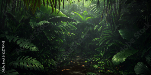 Jungle during heavy rain. Dark tropical forest with exotic plants, palm trees, big leaves and ferns. Scary thicket of the rainforest. Streams of water, wet green vegetation and ground. Generative AI © Aleksei Solovev