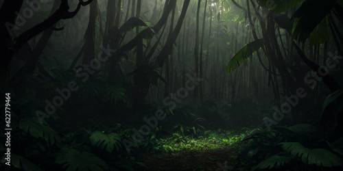 Wild jungle in night. Scary thicket of the rainforest. Dark tropical forest with exotic plants  palm trees  big leaves and ferns. Green vegetation illuminated by moonlight. Generative AI