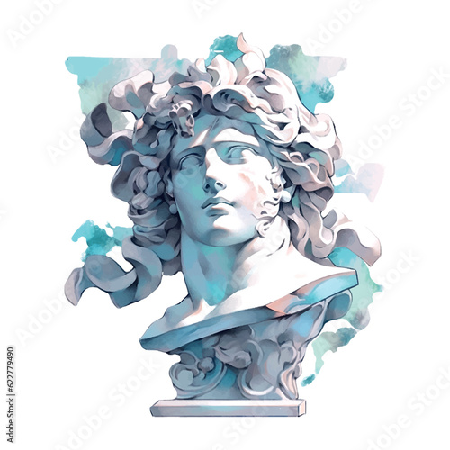 Contemporary art with antique statue head watercolor illustration. Work of art of the era of excitement. Hand drawing illustration Period of Renaissance. Sculpture of Michelangelo.