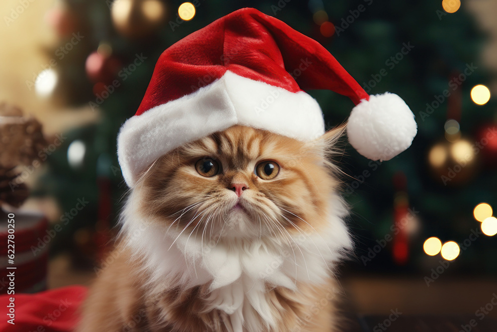 New Year card. Red cat in a New Year's hat. AI generative. New Year card. Red cat in a New Year's hat. AI generative.