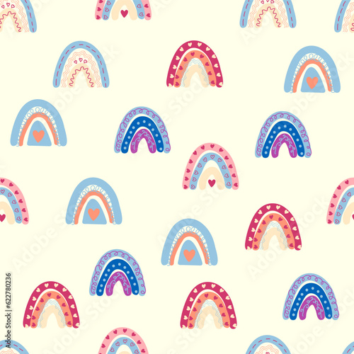 Seamless pattern graceful rainbows in boho colors. Scandinavian baby hand style for newborns.