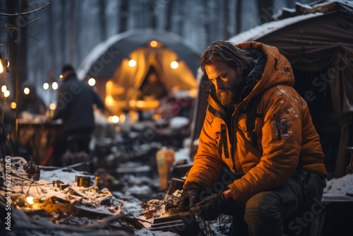 Rescue team setting up a temporary shelter in the snow, emphasizing their preparedness and ability to provide assistance even in extreme winter conditions. Generative Ai