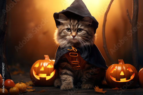 Halloween card. Cat in Halloween costume and pumpkins. AI generative. © Iaroslav