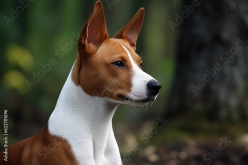Basenji Kongo Terrier Dog, Red Basenji Portrait, African not Barking Dog, Abstract Generative AI Illustration © artemstepanov