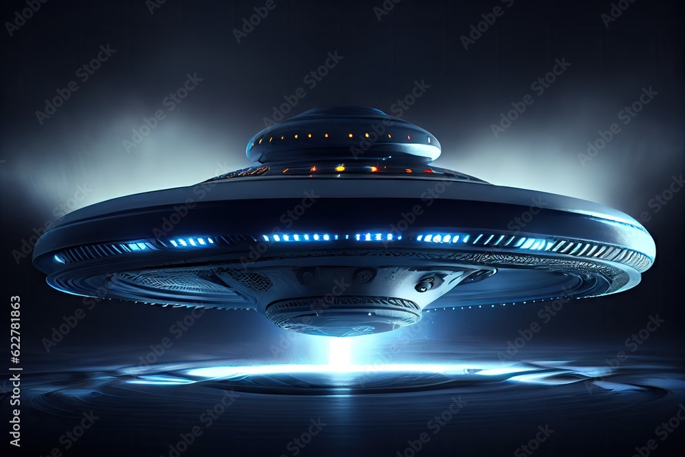 UFO with Beam, Alien Spaceship in Night Sky, Futuristic Mystery Transport, Abstract Generative AI Illustration UFO with Beam, Alien Spaceship in Night Sky, Futuristic Mystery Transport, Abstract Generative AI Illustration