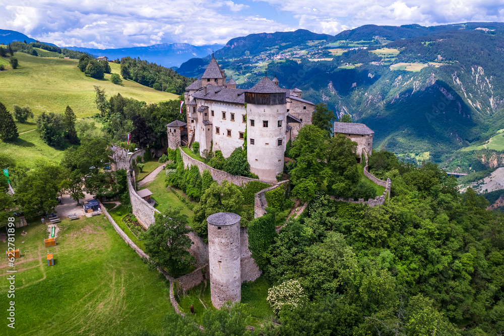 Beautiful medieval castles of northern Italy ,Alto Adige South Tyrol region. Presule castel,   aerial drone high angle view
