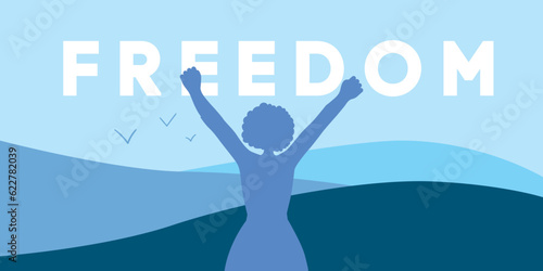 Freedom concept. Woman with her hands raised stands near peaceful landscape. Struggles for women's rights. 8 march. Women's day. Girl power. World without war. Happiness and personal freedom