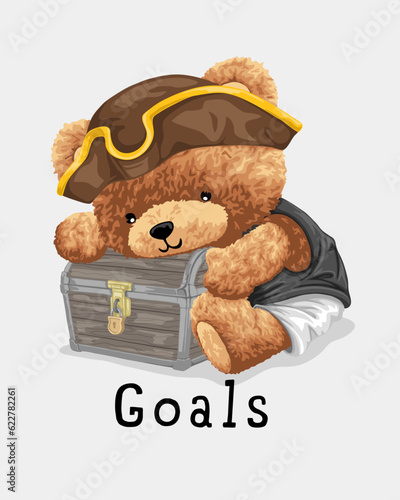 Vector illustration of hand drawn teddy bear in pirate costume with treasure chest