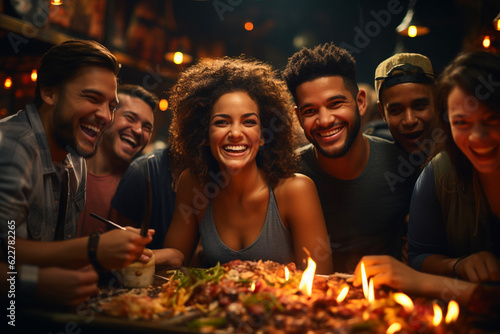Multiethnic happy group of people having fun at restaurant during dinner