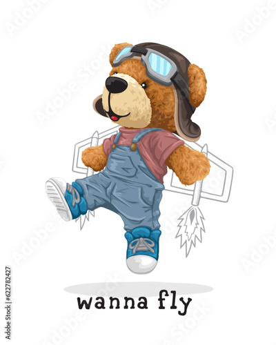 Vector illustration of hand drawn teddy bear wearing pilot helmet and goggles with airplane wing