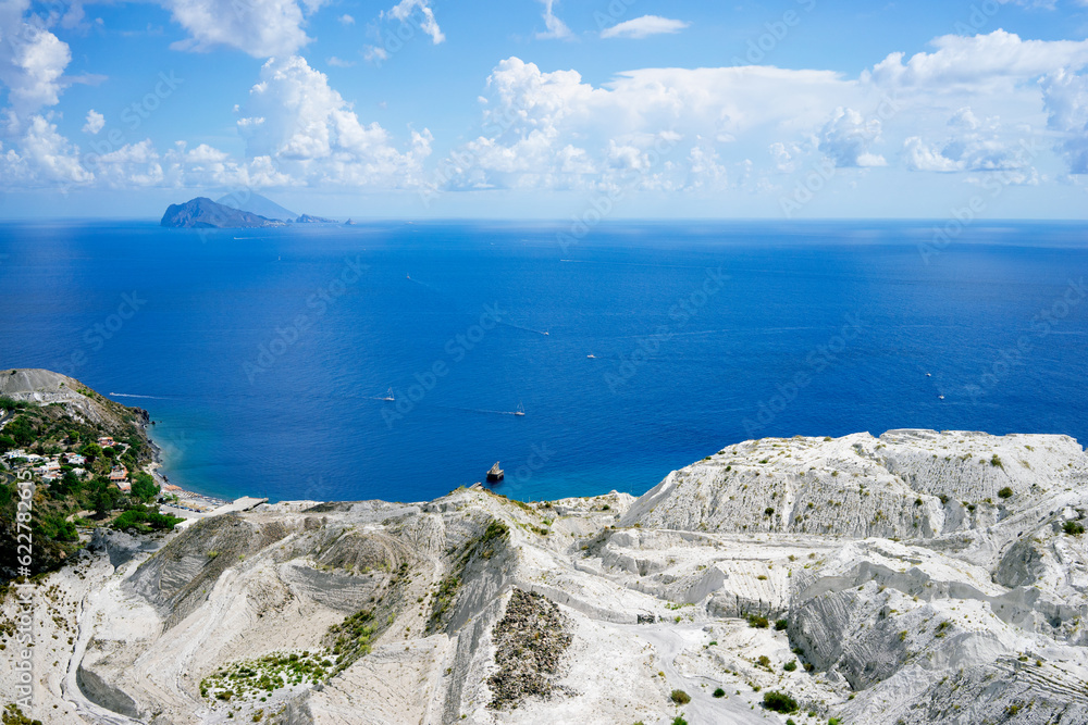 Italy, Aeolian islands, Lipari, volcanic rock pumice mines in Cava di Pomice. View of Tyrrhenian sea