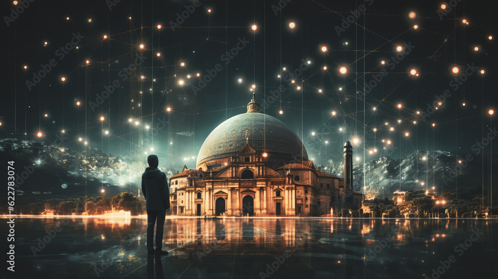 man standing with his back and looking at the dome of mosque with glowing lights on background