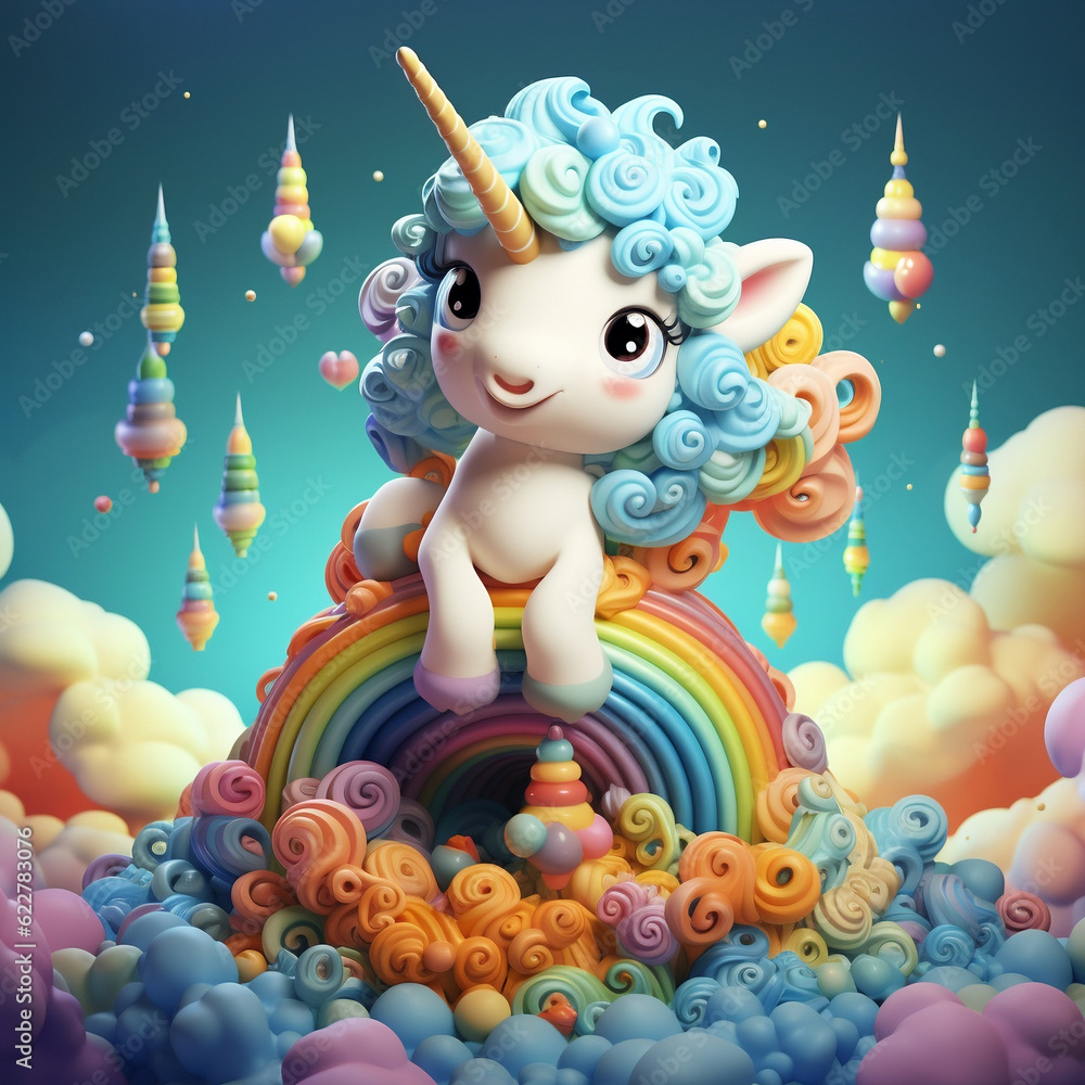 Fototapeta premium Adorable Unicorn on Rainbow, Generative AI