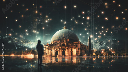 man standing with his back and looking at the dome of mosque with glowing lights on background