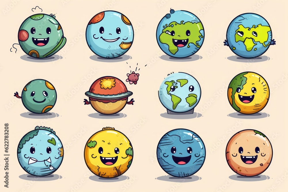 Naklejka premium Planet of Emotions: Hand-Drawn, Textured and Stencil-Based Globe Doodles Evolve into a Playful Set of Emoticons, Uniting the World in Expressions, Generative AI