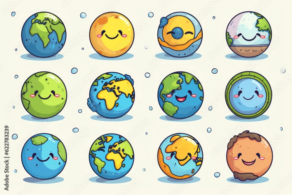 Planet of Emotions: Hand-Drawn, Textured and Stencil-Based Globe Doodles Evolve into a Playful Set of Emoticons, Uniting the World in Expressions, Generative AI
