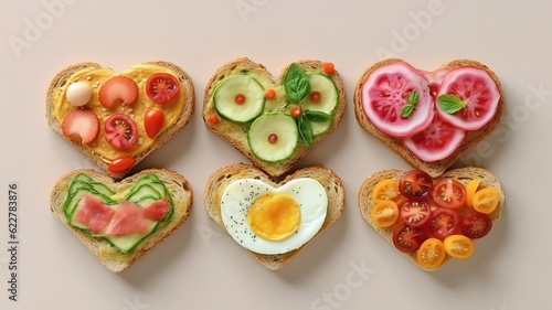 Healthy breakfast toasts  heart shaped sandwiches with fresh ingredients. Generative ai