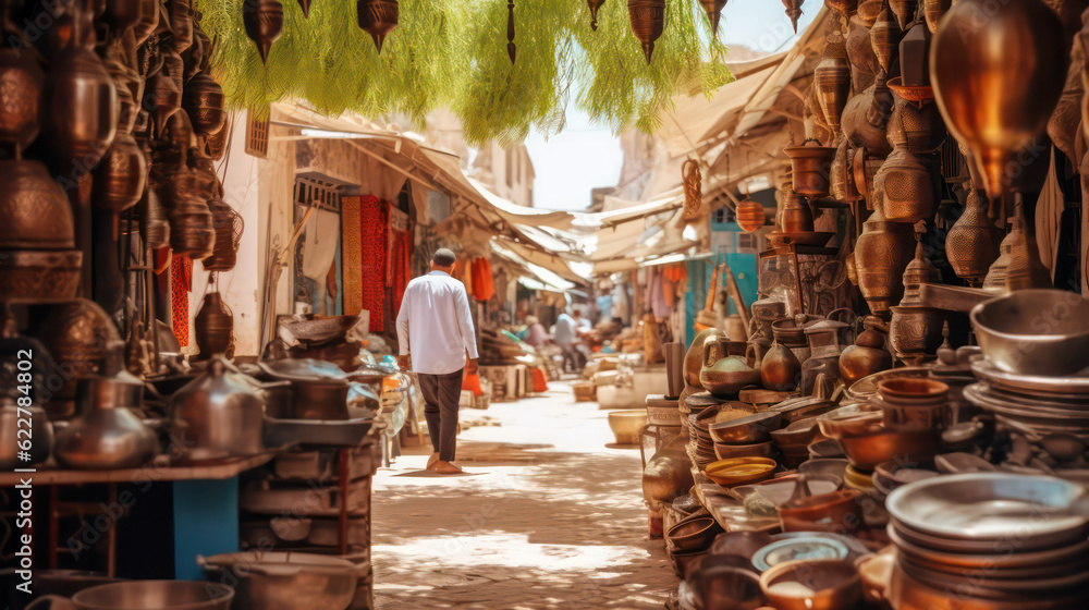 Colorful shopping street in the style of Djerba featuring pottery, fabrics and Arab lamps in a classic Tunisian market atmosphere - Houmt Souk and Midoun. Generative AI.