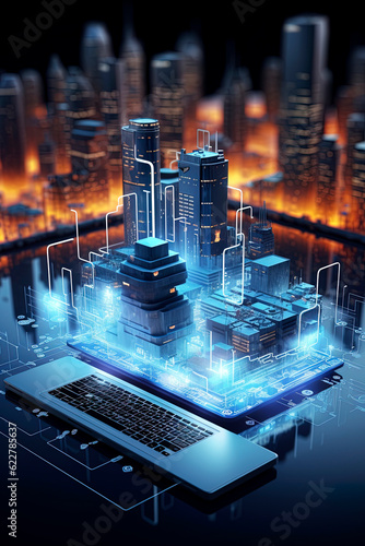 Generative AI computer screen view illustration of futuristic architecture with digital connection