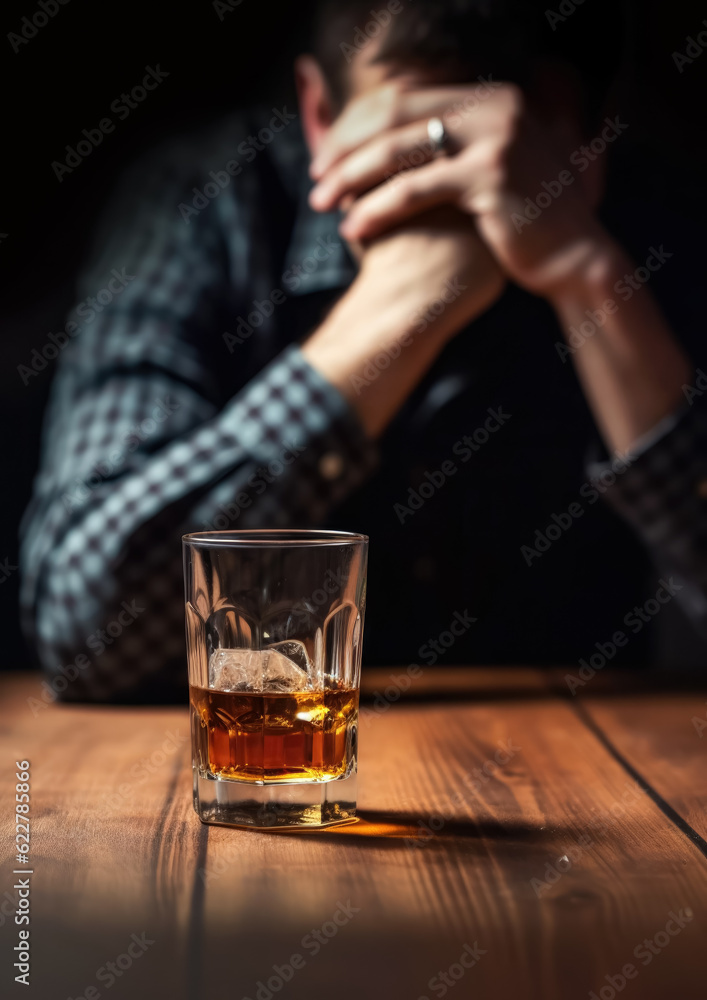 Drinking or alcohol abuse problem. Anonymous man sitting at desk with alcoholic drink, focus on glass with liquor in foreground. Generative AI
