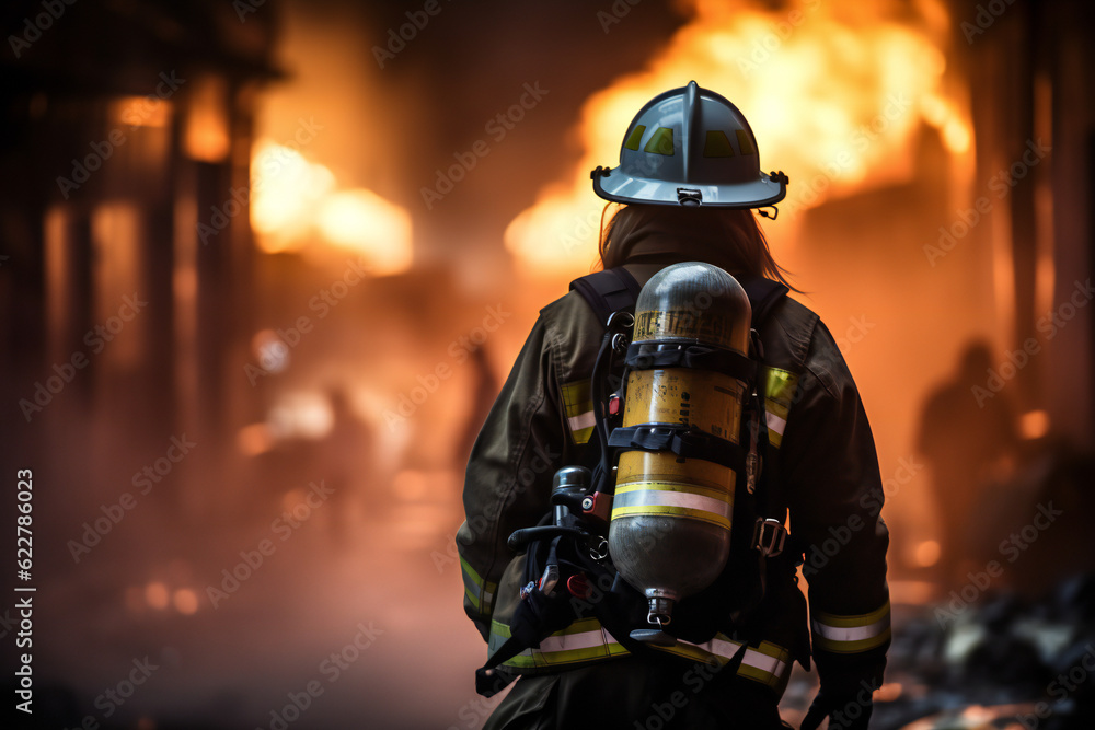 A female firefighter carrying a fire extinguisher in a fire scene. Generative AI A female firefighter carrying a fire extinguisher in a fire scene. Generative AI