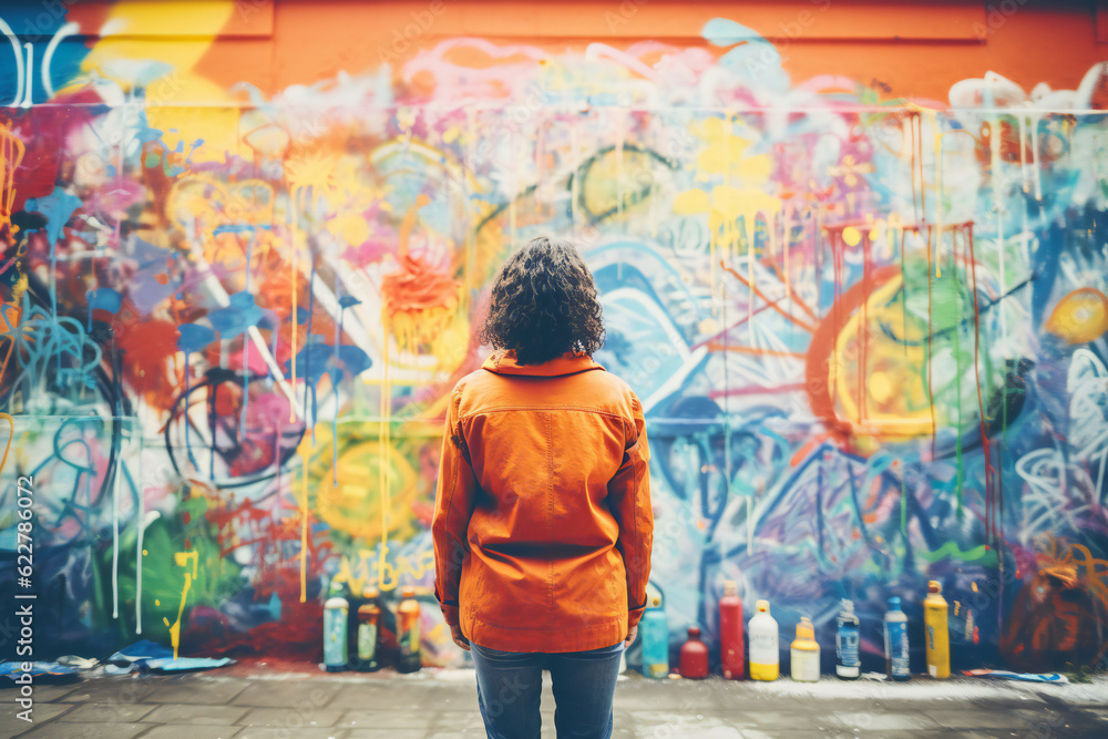 A female urban artist painting a graffiti art on a wall A female urban artist painting a graffiti art on a wall