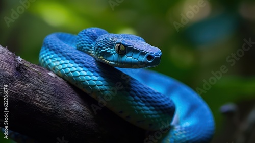 A blue viper snake on branch against black background