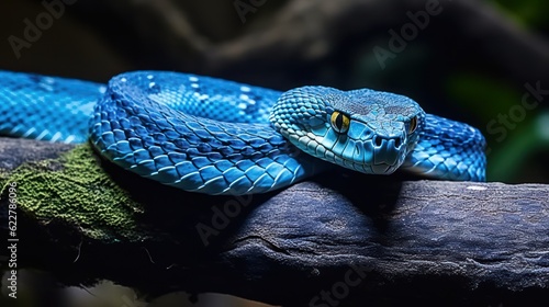 A blue viper snake on branch against black background photo
