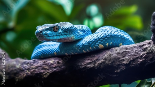 A blue viper snake on branch against black background