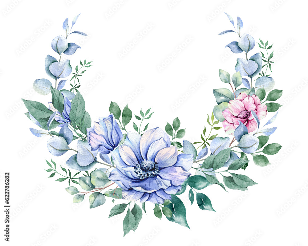 Fototapeta premium Anemone Flowers Watercolor Illustration. Blue, Pink and Purple Anemones Hand Painted isolated on white background. Perfect for wedding invitations, bridal shower and floral greeting cards