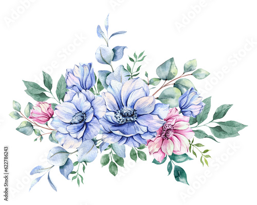 Anemone Flowers Watercolor Illustration. Blue, Pink and Purple Anemones Hand Painted isolated on white background. Perfect for wedding invitations, bridal shower and floral greeting cards