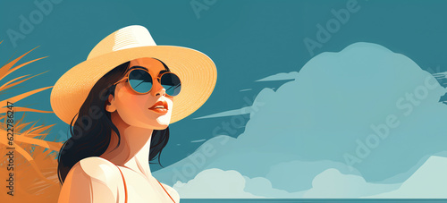 illustration A woman in a hat and glasses resting by the sea during the summer time. Generative AI