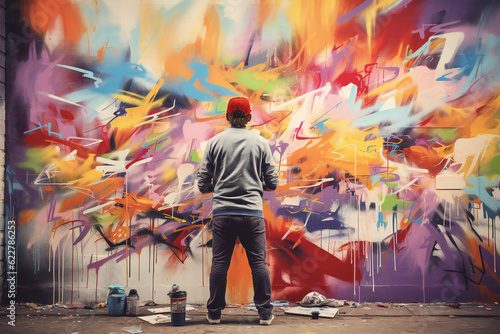A male urban artist painting a graffiti art on a wall. Generative AI