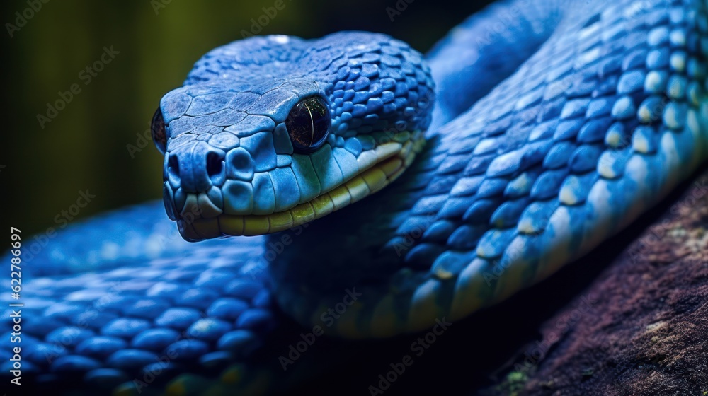 Fototapeta premium A blue viper snake on branch against black background