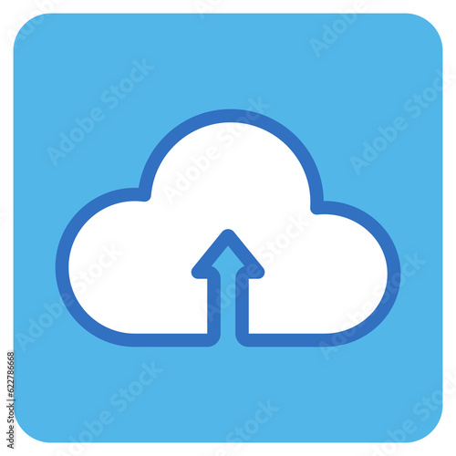 cloud upload flat icon in blue square.