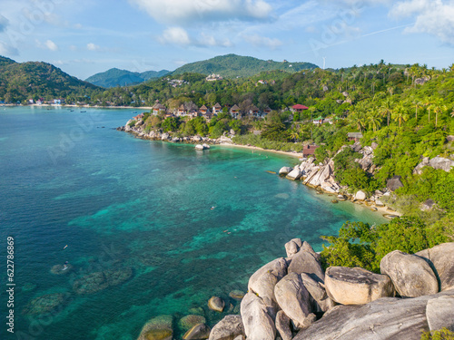 Aerial view of Chalok Baan Kao bay granite coast line on the island of Ko Tao, Thailand. photo