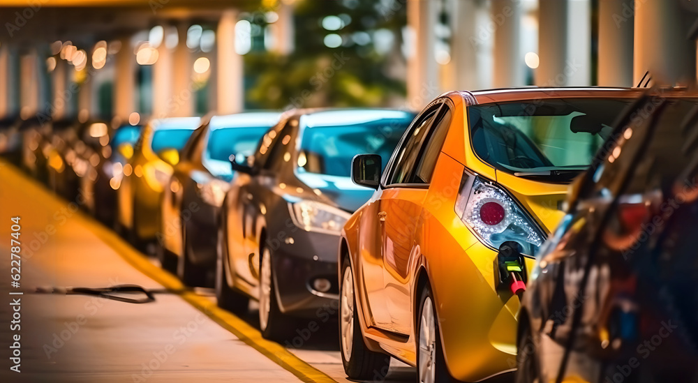 A line of electric cars charging at a public charging station A line of electric cars charging at a public charging station