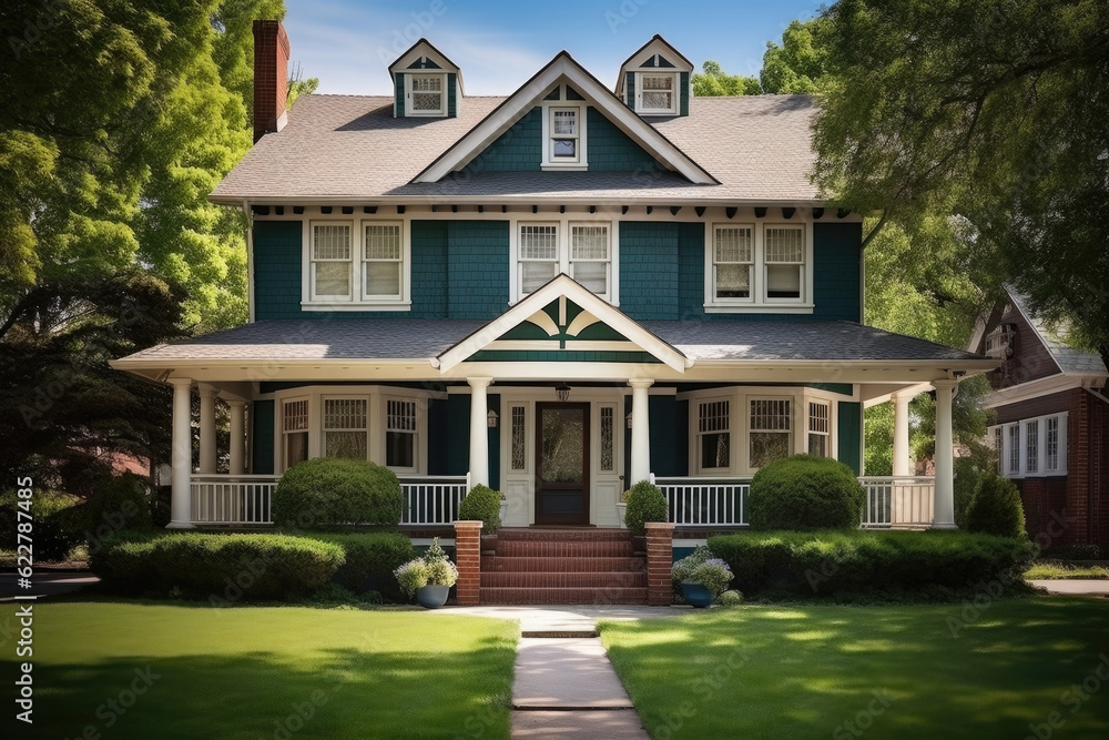 Traditional american house facade in suburb. Facade of old family house with lawn and backyard. Real estate and private property. Created with Generative AI Traditional american house facade in suburb. Facade of old family house with lawn and backyard. Real estate and private property. Created with Generative AI