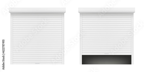 Vector realistic door with roller shutters. Open and closed. Automatic lifting gate to the garage or warehouse. Realistic gate to rooms, house, shop, parking lot or warehouse. Vector illustration