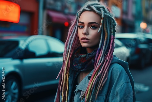 Awesome woman with dreadlocks in the city.