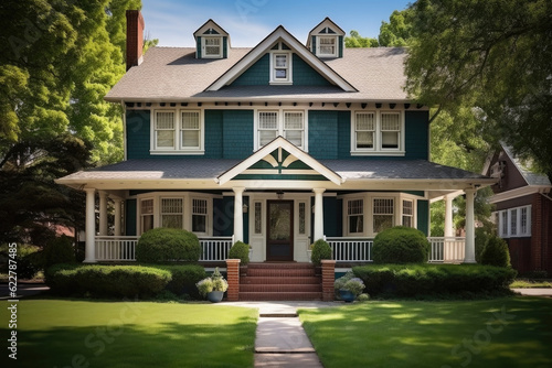 Traditional american house facade in suburb. Facade of old family house with lawn and backyard. Real estate and private property. Created with Generative AI